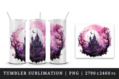 Watercolor Pink Halloween dark scary night moon spooky castle haunted house 20oz tumbler skinny mug wrap clipart t-shirt sublimation printable design