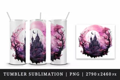 Watercolor Pink Halloween dark scary night moon spooky castle haunted house 20oz tumbler skinny mug wrap clipart t-shirt sublimation printable design