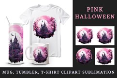 Watercolor Pink Halloween dark scary night moon spooky castle haunted house 20oz tumbler skinny mug wrap clipart t-shirt sublimation printable design