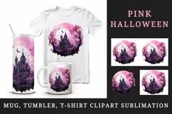 Watercolor Pink Halloween dark scary night moon spooky castle haunted house 20oz tumbler skinny mug wrap clipart t-shirt sublimation printable design