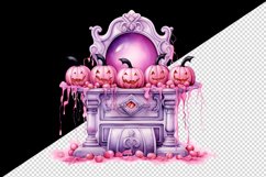 Watercolor pink Halloween fireplace pumpkins carving Jack-o-lantern print 20 oz tumbler skinny mug wrap clipart t-shirt sublimation printable design