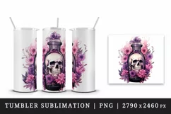 Watercolor Pink Halloween floral poison bottle skull flowers roses 20 oz tumbler skinny mug wrap clipart t-shirt sublimation printable design