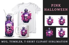 Watercolor Pink Halloween floral poison bottle skull flowers roses 20 oz tumbler skinny mug wrap clipart t-shirt sublimation printable design