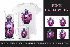 Watercolor Pink Halloween floral poison bottle skull flowers roses 20 oz tumbler skinny mug wrap clipart t-shirt sublimation printable design