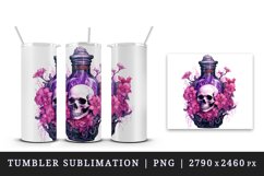 Watercolor Pink Halloween floral poison bottle skull flowers roses 20 oz tumbler skinny mug wrap clipart t-shirt sublimation printable design