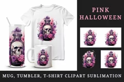Watercolor Pink Halloween floral poison bottle skull flowers roses 20 oz tumbler skinny mug wrap clipart t-shirt sublimation printable design
