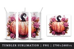 Watercolor Pink Halloween floral pumpkin fall flowers roses 20 oz tumbler skinny mug wrap clipart t-shirt sublimation printable design