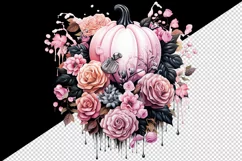 Watercolor Pink Halloween floral pumpkin fall flowers roses 20 oz tumbler skinny mug wrap clipart t-shirt sublimation printable design