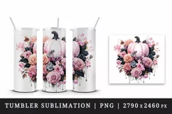 Watercolor Pink Halloween floral pumpkin fall flowers roses 20 oz tumbler skinny mug wrap clipart t-shirt sublimation printable design