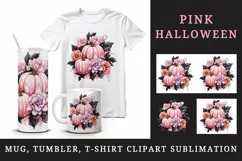 Watercolor Pink Halloween floral pumpkin fall flowers roses 20 oz tumbler skinny mug wrap clipart t-shirt sublimation printable design