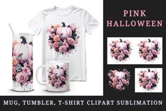 Watercolor Pink Halloween floral pumpkin fall flowers roses 20 oz tumbler skinny mug wrap clipart t-shirt sublimation printable design
