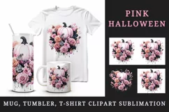 Watercolor Pink Halloween floral pumpkin fall flowers roses 20 oz tumbler skinny mug wrap clipart t-shirt sublimation printable design