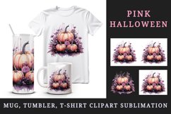 Watercolor Pink Halloween floral pumpkin fall flowers roses 20 oz tumbler skinny mug wrap clipart t-shirt sublimation printable design
