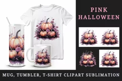 Watercolor Pink Halloween floral pumpkin fall flowers roses 20 oz tumbler skinny mug wrap clipart t-shirt sublimation printable design