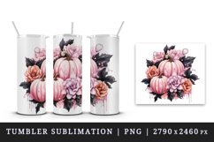 Watercolor Pink Halloween floral pumpkin fall flowers roses 20 oz tumbler skinny mug wrap clipart t-shirt sublimation printable design