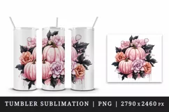 Watercolor Pink Halloween floral pumpkin fall flowers roses 20 oz tumbler skinny mug wrap clipart t-shirt sublimation printable design