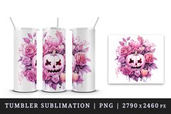 Watercolor Pink Halloween floral pumpkin flowers roses Jack-o-lantern 20 oz tumbler skinny mug wrap clipart t-shirt sublimation printable design