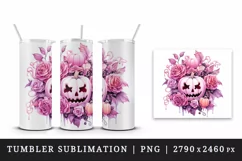 Watercolor Pink Halloween floral pumpkin flowers roses Jack-o-lantern 20 oz tumbler skinny mug wrap clipart t-shirt sublimation printable design