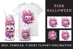Watercolor Pink Halloween floral pumpkin flowers roses Jack-o-lantern 20 oz tumbler skinny mug wrap clipart t-shirt sublimation printable design