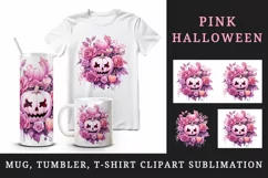 Watercolor Pink Halloween floral pumpkin flowers roses Jack-o-lantern 20 oz tumbler skinny mug wrap clipart t-shirt sublimation printable design