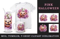 Watercolor Pink Halloween floral pumpkin flowers roses Jack-o-lantern 20 oz tumbler skinny mug wrap clipart t-shirt sublimation printable design