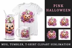 Watercolor Pink Halloween floral pumpkin flowers roses Jack-o-lantern 20 oz tumbler skinny mug wrap clipart t-shirt sublimation printable design