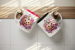 Watercolor Pink Halloween floral pumpkin flowers roses Jack-o-lantern 20 oz tumbler skinny mug wrap clipart t-shirt sublimation printable design