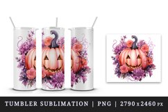Watercolor Pink Halloween floral pumpkin flowers roses Jack-o-lantern 20 oz tumbler skinny mug wrap clipart t-shirt sublimation printable design