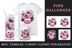 Watercolor Pink Halloween floral pumpkin flowers roses Jack-o-lantern 20 oz tumbler skinny mug wrap clipart t-shirt sublimation printable design