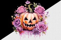 Watercolor Pink Halloween floral pumpkin flowers roses Jack-o-lantern 20 oz tumbler skinny mug wrap clipart t-shirt sublimation printable design