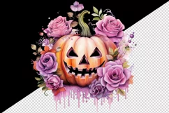 Watercolor Pink Halloween floral pumpkin flowers roses Jack-o-lantern 20 oz tumbler skinny mug wrap clipart t-shirt sublimation printable design