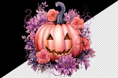 Watercolor Pink Halloween floral pumpkin flowers roses Jack-o-lantern 20 oz tumbler skinny mug wrap clipart t-shirt sublimation printable design