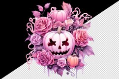 Watercolor Pink Halloween floral pumpkin flowers roses Jack-o-lantern 20 oz tumbler skinny mug wrap clipart t-shirt sublimation printable design