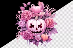 Watercolor Pink Halloween floral pumpkin flowers roses Jack-o-lantern 20 oz tumbler skinny mug wrap clipart t-shirt sublimation printable design