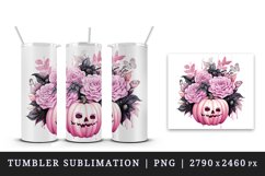 Watercolor Pink Halloween floral pumpkin flowers roses Jack-o-lantern 20 oz tumbler skinny mug wrap clipart t-shirt sublimation printable design