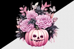 Watercolor Pink Halloween floral pumpkin flowers roses Jack-o-lantern 20 oz tumbler skinny mug wrap clipart t-shirt sublimation printable design