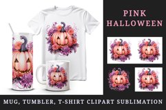 Watercolor Pink Halloween floral pumpkin flowers roses Jack-o-lantern 20 oz tumbler skinny mug wrap clipart t-shirt sublimation printable design