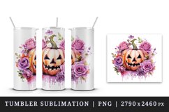 Watercolor Pink Halloween floral pumpkin flowers roses Jack-o-lantern 20 oz tumbler skinny mug wrap clipart t-shirt sublimation printable design