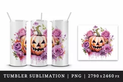 Watercolor Pink Halloween floral pumpkin flowers roses Jack-o-lantern 20 oz tumbler skinny mug wrap clipart t-shirt sublimation printable design