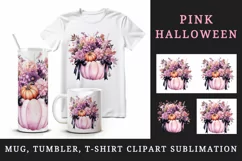 Watercolor Pink Halloween floral Trick or treat bag pumpkin flowers roses 20 oz tumbler skinny mug wrap clipart t-shirt sublimation printable design