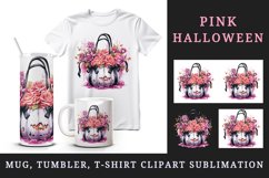 Watercolor Pink Halloween floral Trick or treat bag pumpkin flowers roses 20 oz tumbler skinny mug wrap clipart t-shirt sublimation printable design