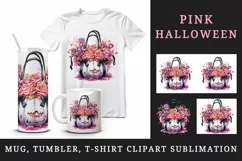 Watercolor Pink Halloween floral Trick or treat bag pumpkin flowers roses 20 oz tumbler skinny mug wrap clipart t-shirt sublimation printable design