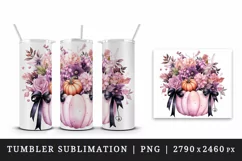 Watercolor Pink Halloween floral Trick or treat bag pumpkin flowers roses 20 oz tumbler skinny mug wrap clipart t-shirt sublimation printable design