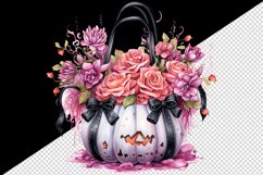 Watercolor Pink Halloween floral Trick or treat bag pumpkin flowers roses 20 oz tumbler skinny mug wrap clipart t-shirt sublimation printable design