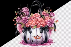 Watercolor Pink Halloween floral Trick or treat bag pumpkin flowers roses 20 oz tumbler skinny mug wrap clipart t-shirt sublimation printable design