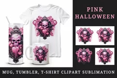 Watercolor Pink Halloween glamour skull horror frame pumpkins bat 20 oz tumbler skinny mug wrap clipart t-shirt sublimation printable design