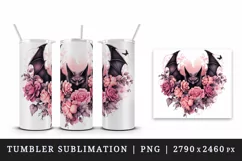 Watercolor Pink Halloween horror bat flowers roses 20 oz tumbler skinny mug wrap clipart t-shirt sublimation printable design