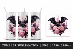 Watercolor Pink Halloween horror bat flowers roses 20 oz tumbler skinny mug wrap clipart t-shirt sublimation printable design