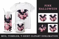 Watercolor Pink Halloween horror bat flowers roses 20 oz tumbler skinny mug wrap clipart t-shirt sublimation printable design