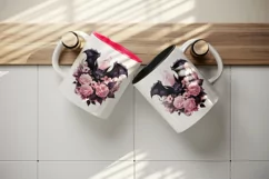 Watercolor Pink Halloween horror bat flowers roses 20 oz tumbler skinny mug wrap clipart t-shirt sublimation printable design